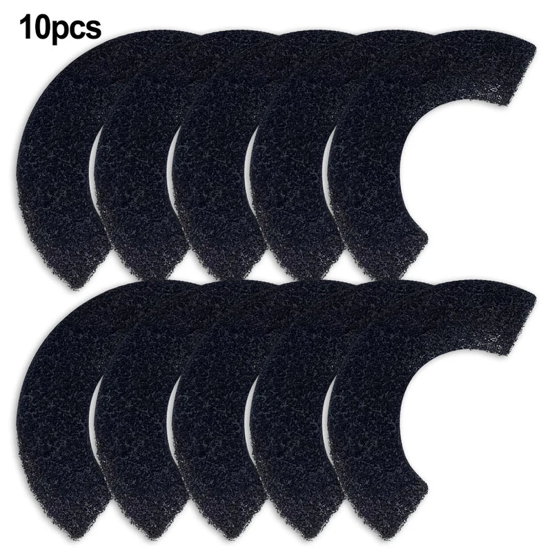 10 black guitar soundhole pads on a white background