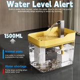 Yellow water dispenser with clear container, water flowing out, on a dark surface.