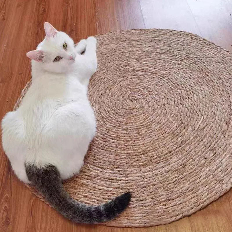 White cat with gray tail lying on a woven mat