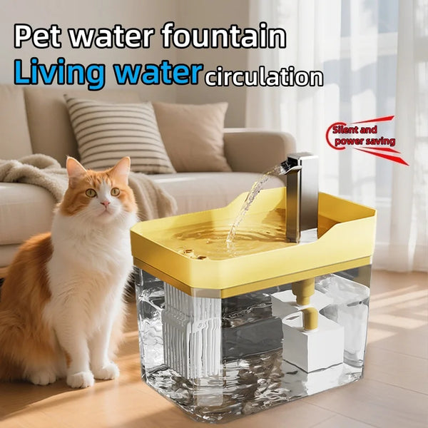 Pet water fountain with a cat sitting next to it in a living room setting.