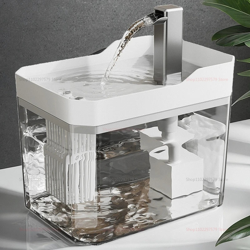 Modern bathroom sink with water flowing into it on a neutral background
