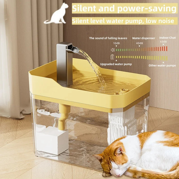 Pet water fountain with a cat drinking from it, featuring a silent water pump.